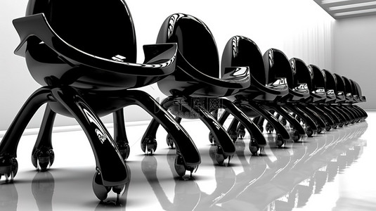机器人爪锚定在原始白色背景 3D 插图上的黑色办公椅中