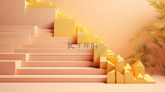 设计楼梯背景图片_带有几何抽象设计的淡黄色楼梯的令人惊叹的 3D 渲染