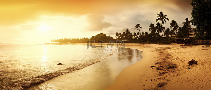 橙色夏天背景图片_俯瞰海滩的图像，橙色的阳光照亮了水面