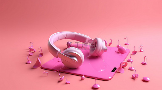 带耳机背景背景图片_带耳机和音乐应用程序的粉红色背景通过智能手机上的 3D 渲染描绘