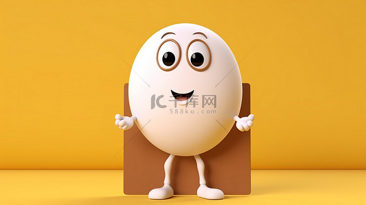 吉祥物角色的 3d 渲染，一个棕色鸡蛋，在黄色背景下放置一个空白的白色广告台