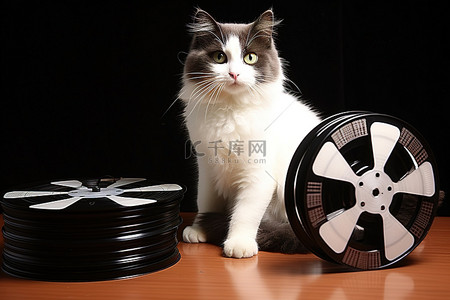 一只猫站在一卷电影拍板旁边