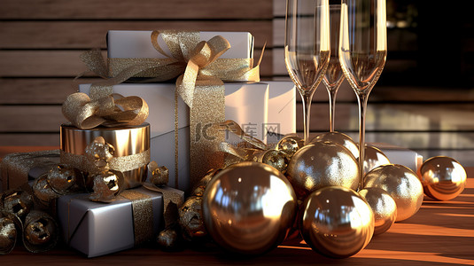 3D 渲染香槟杯和节日礼物迎接新年