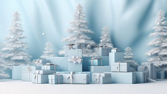 3D 渲染白色和柔和的蓝色讲台，配有松树礼物和圣诞节节日装饰
