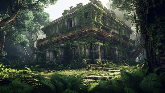 绿色平面背景背景图片_被遗忘的丛林寺庙一个被毁坏的古代文明笼罩在过度生长的 3D 插图中