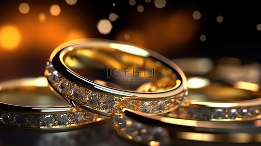 宏观特写闪闪发光的金钻石戒指在光滑的背景迷人的 3D 渲染