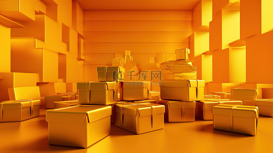 金色生日背景背景图片_黄色房间里的金色礼盒令人惊叹的 3D 渲染