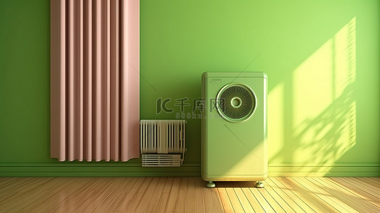 绿色房间中便携式空调的 3D 渲染