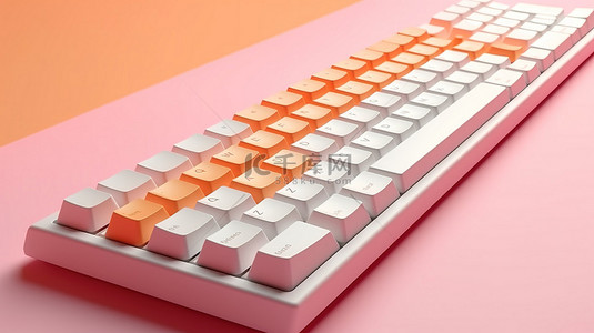 带有抽象白色键盘的柔和粉色和橙色背景的倾斜 3D 渲染
