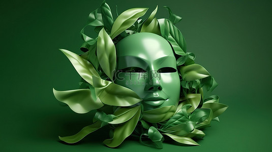 绿色面膜背景图片_绿色背景下绿色片状面膜的 ​​3D 渲染