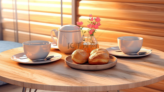 优雅的木顶餐桌的 3D 渲染，配有咖啡和蛋糕