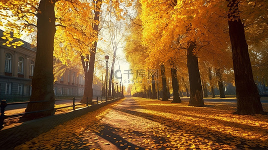 昏暗小巷背景图片_秋天的光芒公园小巷透视的数字 3D 插图，金色的树木沐浴在明亮的阳光和落叶中