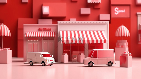 移动商店的 3D 渲染与交付包裹说明网上购物的概念