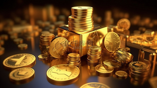 外汇市场的 3D 插图与黄金和美元交易符号