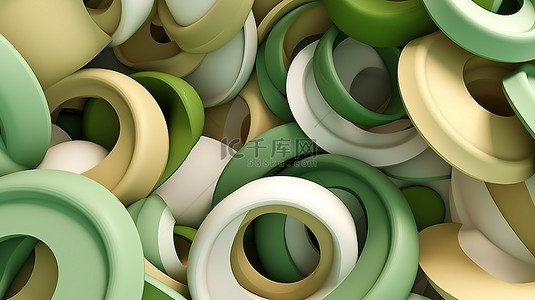 绿色白色和米色色调的旋转圆圈形状的抽象 3D 渲染