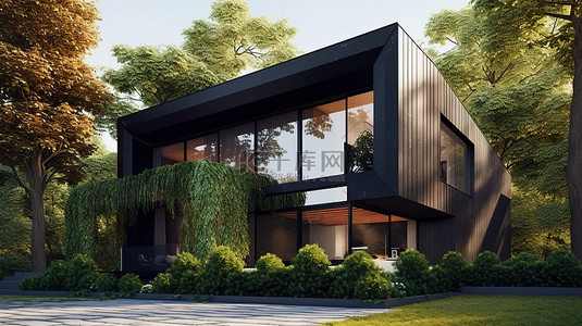 黑色建筑背景背景图片_黑色阁楼环境中的当代避暑别墅，配有树木 3D 艺术品