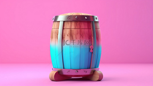 粉红色背景增强了蓝色木质有机蜂蜜桶小桶3D渲染的双色调风格