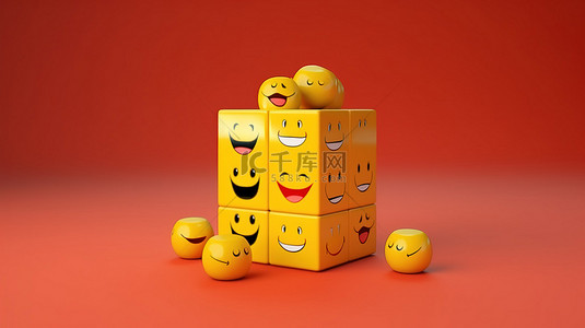 愚人节主题的恶作剧盒的 3D 渲染，带有微笑的表情符号