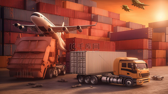 国际物流车背景图片_国际航运和货物运输的 3d 插图
