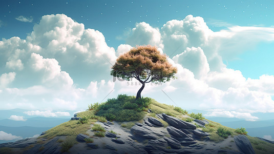 卡通天空草地背景背景图片_壮观的 3D 插图，一棵树装饰着山顶和多云的天空