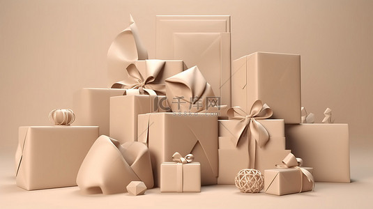 圣诞节插画背景背景图片_商业设计 3d 渲染卡通插图豪华米色礼品盒概念