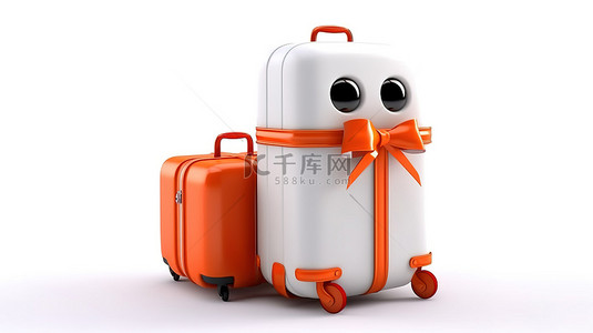 白色背景上带有橙色手提箱和红色丝带白色礼品盒的 3D 渲染吉祥物