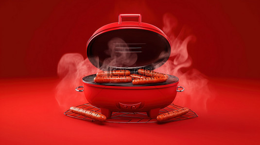 鲜肉货柜背景图片_3d 渲染的烟红色烤架上的四根铁板香肠