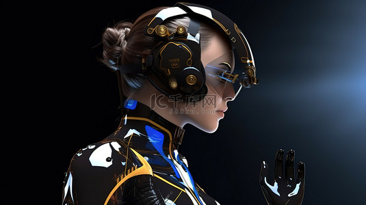 护目镜佩戴女性机器人渲染 3d 分析或计算
