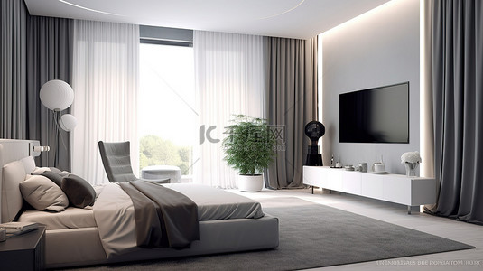 白色主题卧室配有电视柜和灰色窗帘，通过 3D 渲染设计突出