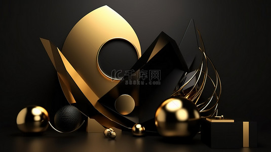 黑色和金色的几何形状极简主义 3D 渲染背景