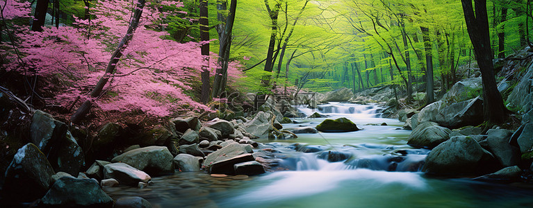 流淌水背景图片_一条小溪在森林中流淌，背景中有一些树木