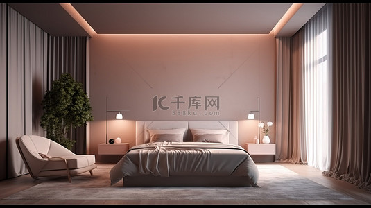 3D 渲染的室内卧室配有现代家具和酒店最低灵感背景装饰