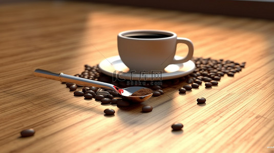 一盘咖啡豆和一个杯子在木桌上以 3D 呈现