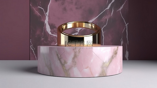 迷人的舞台，配有 3D 渲染的金环大理石支架和粉红色显示背景