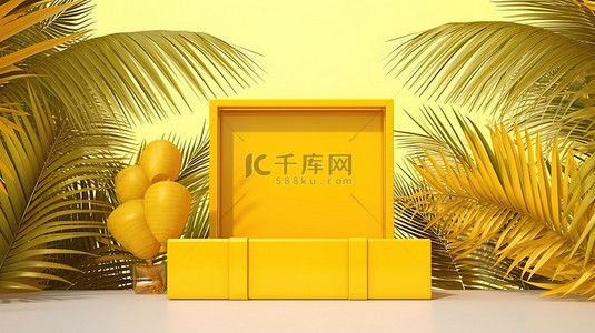 夏主题背景图片_黄色夏季主题 3D 渲染图像中饰有棕榈叶的盒子讲台