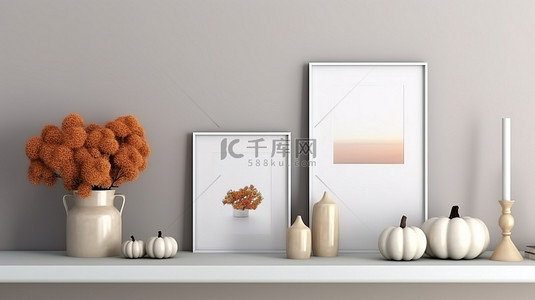 秋季和万圣节灵感的室内装饰，配有相框模拟光滑的装饰南瓜花瓶和灰色架子 3D 渲染