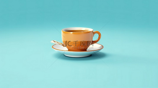 蓝色背景上单独站立的咖啡杯的 3D 插图