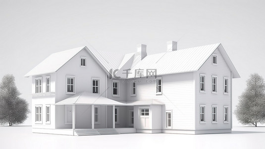 白色背景下白色两层楼房屋的简约卡通风格 3d 渲染