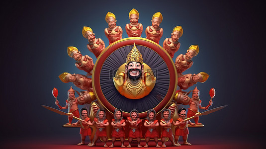 十头剑和盾牌的 ravana 在 Dussehra 庆祝活动期间的 3D 插图