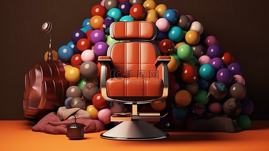 理发师配件和理发椅的色彩缤纷的布置，位于棕色球床的 3D 渲染中