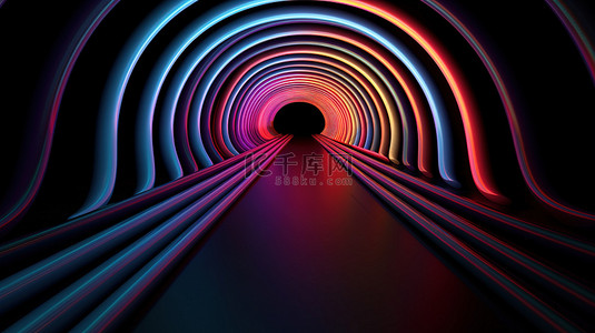 黑色背景下彩色光线填充灰色隧道的令人惊叹的 3D 渲染