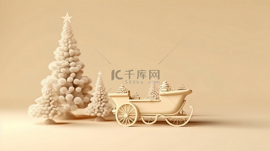 3D 渲染奶油色背景与圣诞树和新年雪橇