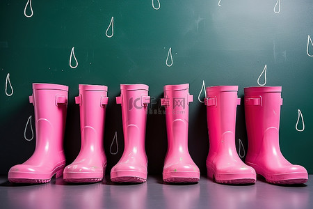 橡背景图片_黑板上一排粉色橡胶靴