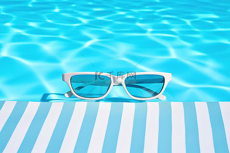 蓝色太阳镜背景图片_戴着太阳镜的游泳池的图像