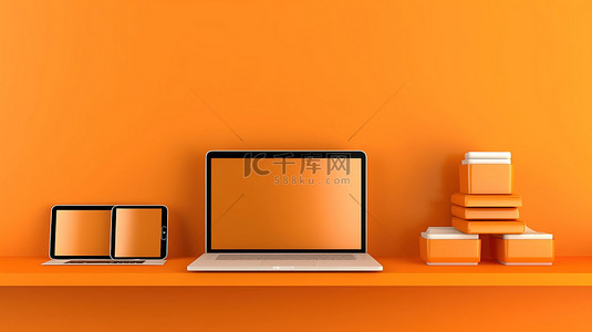橙色墙架上数字设备笔记本电脑手机和平板电脑的垂直 3D 插图