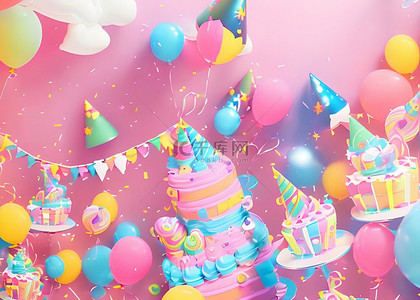 气球蛋糕背景图片_生日派对粉色狂欢背景