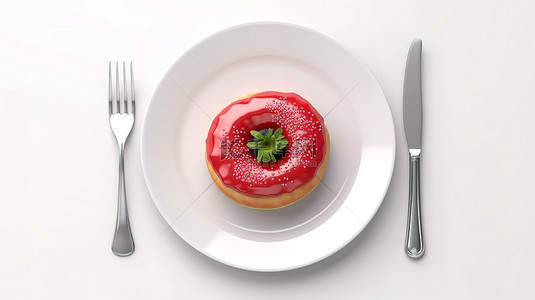 吃蛋糕吃蛋糕背景图片_一个盘子的顶部视图，上面有甜美的草莓粉红色釉面甜甜圈，并配有叉子和刀，在 3D 渲染中设置在白色背景上