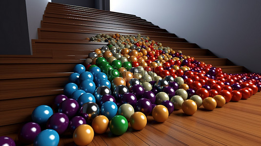 楼梯下楼梯背景图片_色彩缤纷多样的 3D 球滚下楼梯