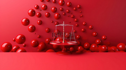 法律和正义徽章的 3D 插图设置在充满活力的红墙上