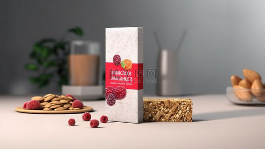 水果棒棒糖背景图片_混凝土 3D 渲染上的红色水果麦片棒包装模型